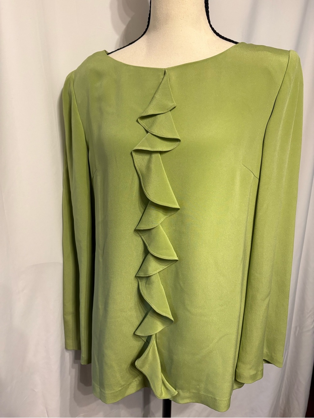 Adrianna Papell Office/Workwear Green Ruffle Front Long-Sleeve Blouse Size 8